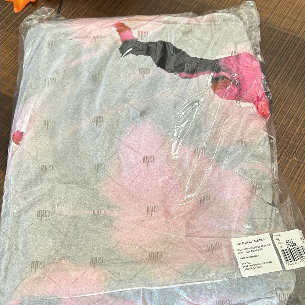 Gray and Pink Floral tote in packaging